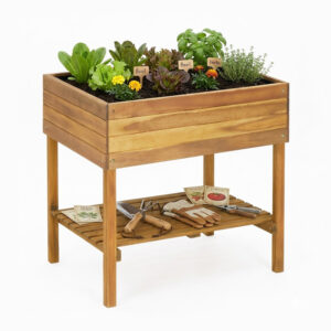 2-Tier Elevated Wooden Garden Bed with Storage Shelf