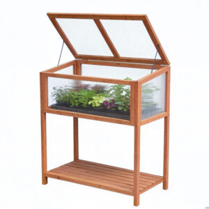 Elevated Wooden Cold Frame Greenhouse with Storage Shelf and Adjustable Roof