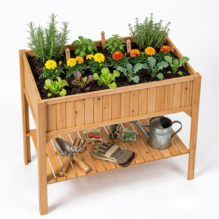 Elevated Wooden Garden Planter Box with Storage Shelf - Image 3