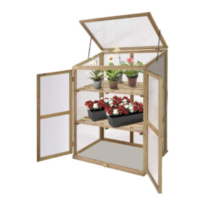 Portable Wooden Cold Frame Greenhouse with Double Shelves and Openable Top