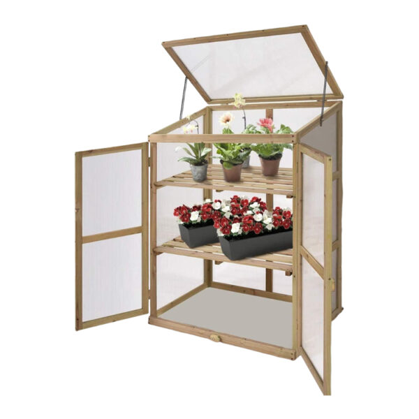 Portable Wooden Cold Frame Greenhouse with Double Shelves and Openable Top