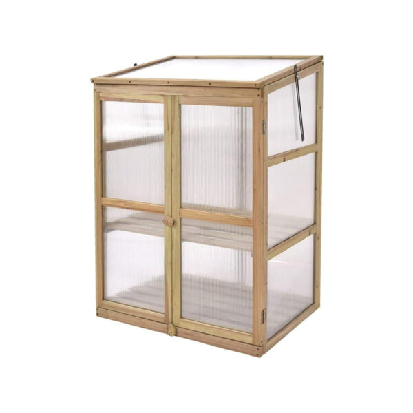 Portable Wooden Cold Frame Greenhouse with Double Shelves and Openable Top