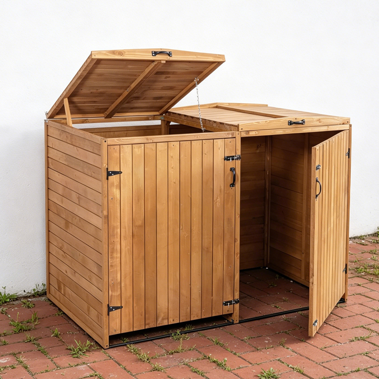 Solid Wood Double Trash Bin Storage Shed