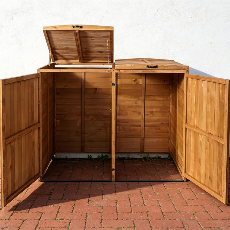 Solid Wood Double Trash Bin Storage Shed