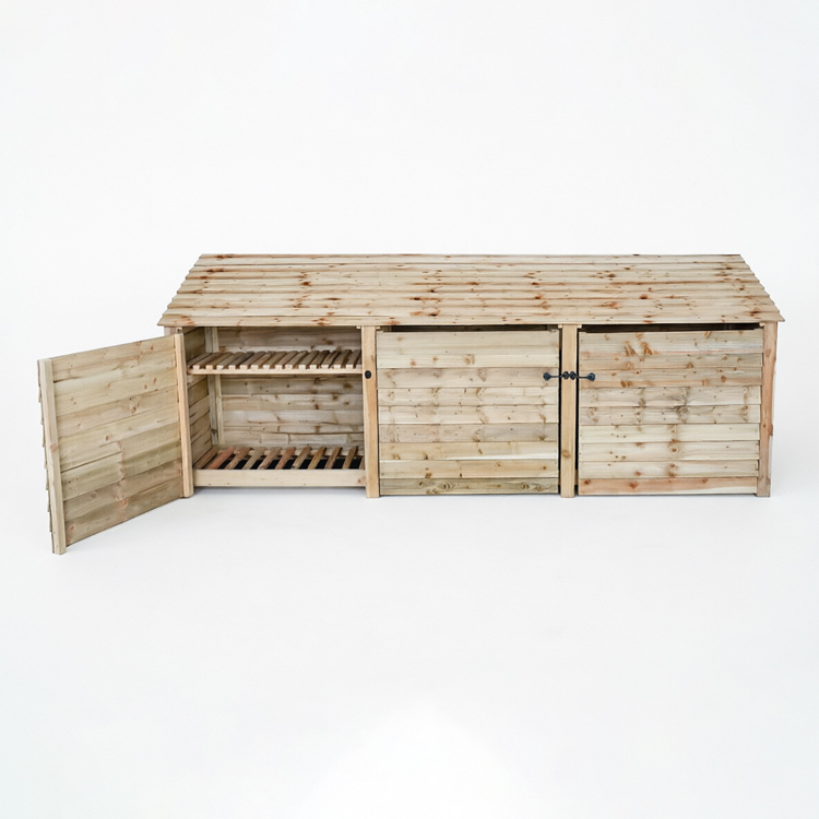 Triple-Bay Heavy Duty Wooden Log Store with Firewood Shelves and Security Doors