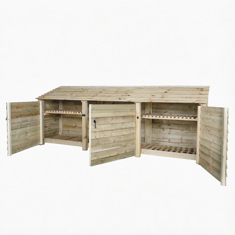 Triple-Bay Heavy Duty Wooden Log Store with Firewood Shelves and Security Doors