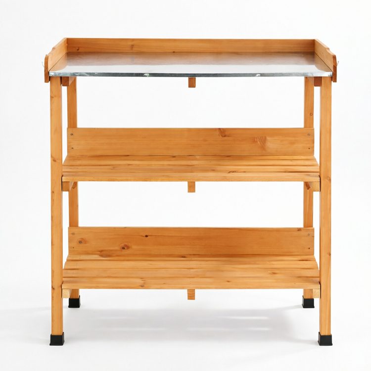 3-Tier Wooden Garden Potting Bench with Zinc Metal Worktop - Image 2