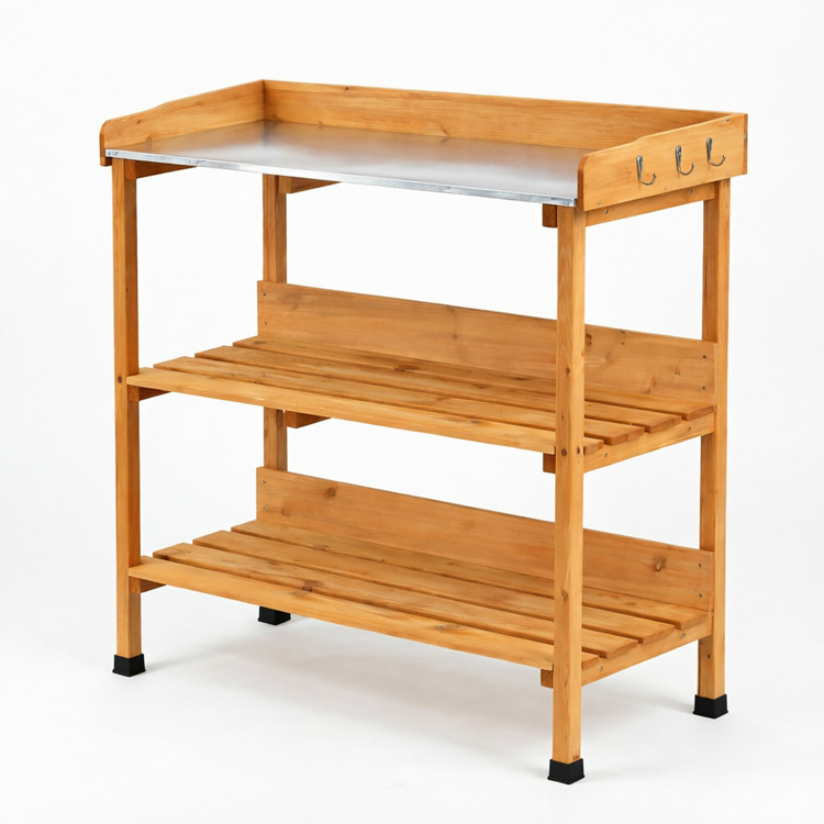 3-Tier Wooden Garden Potting Bench with Zinc Metal Worktop