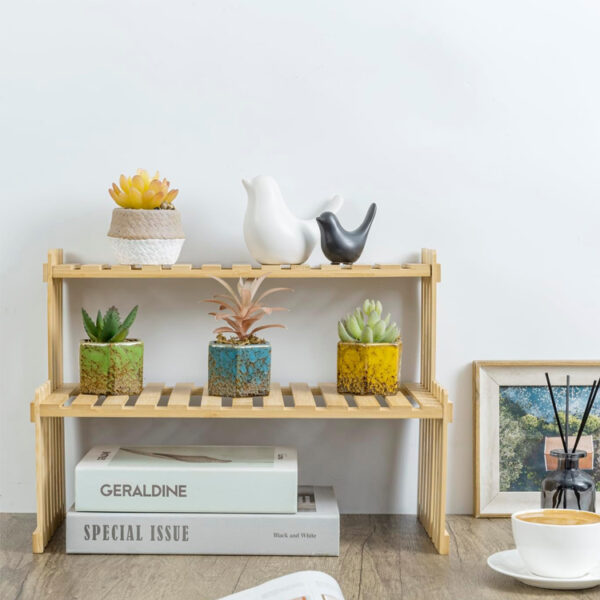 Bamboo 2-Tier Slatted Plant Stand for Desks and Countertops