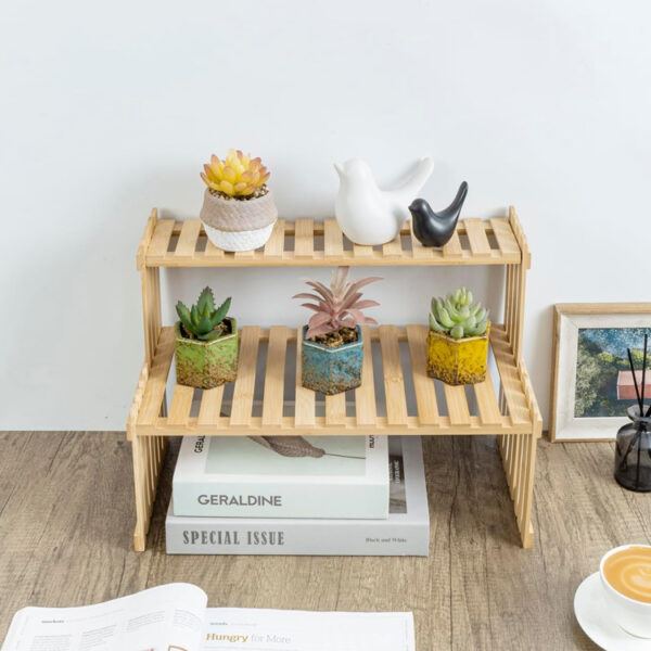 Bamboo 2-Tier Slatted Plant Stand for Desks and Countertops
