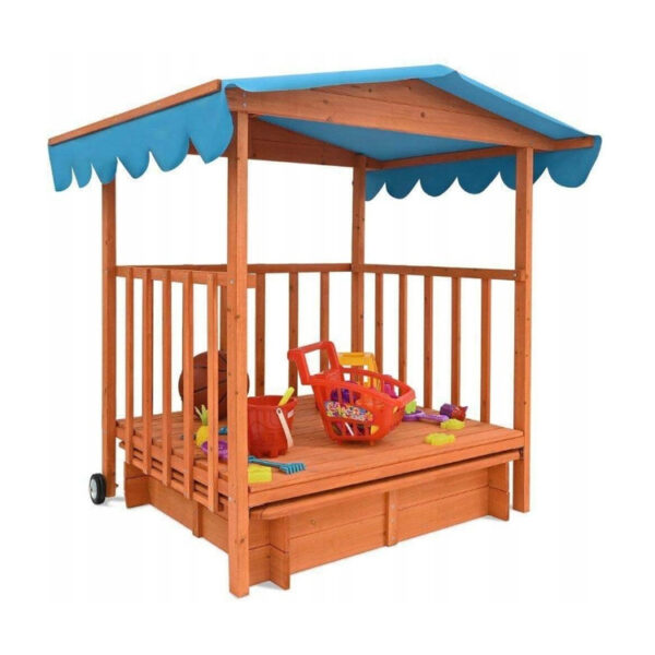 Large Wooden Sandbox with UV-Protected Canopy and Wheels