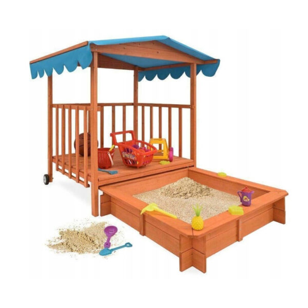 Large Wooden Sandbox with UV-Protected Canopy and Wheels