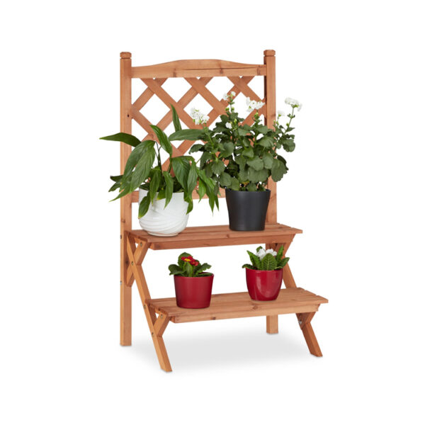 Natural Wood 2-Tier Plant Stand with Climbing Trellis