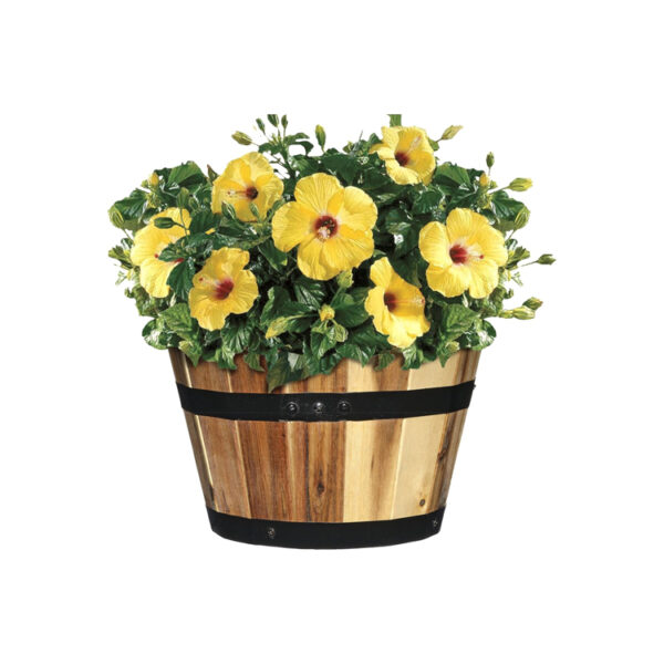 Wood Barrel Planter with Metal Bands