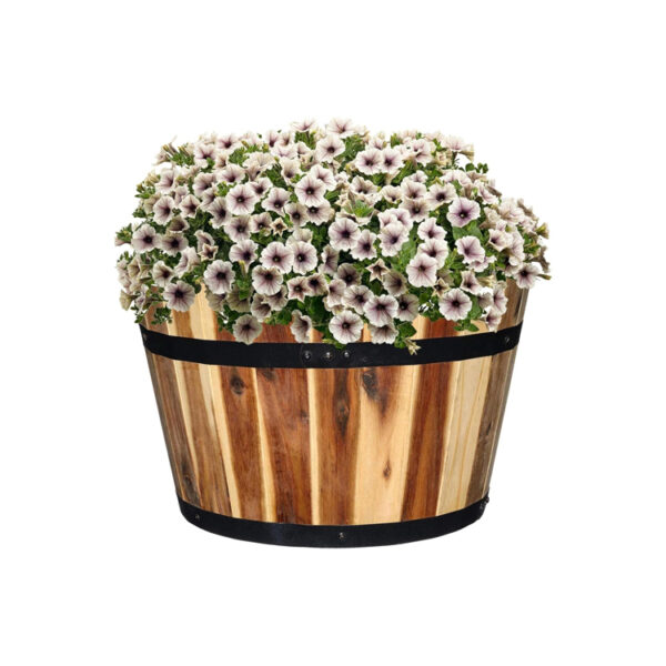 Wood Barrel Planter with Metal Bands