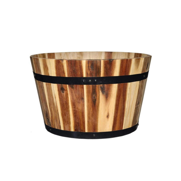 Wood Barrel Planter with Metal Bands