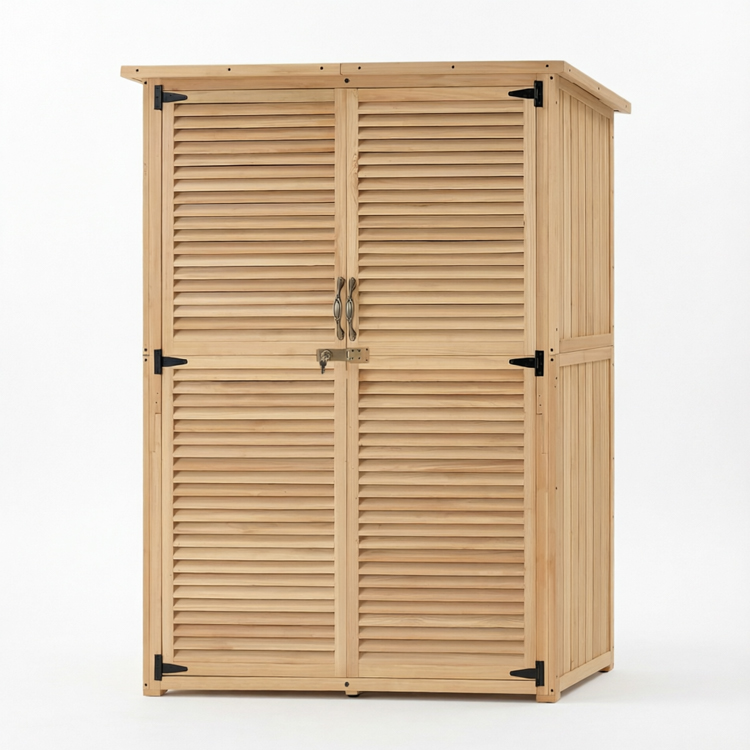Woode Garden Storage Cabinet with Shutter Doors and Waterproof Roof