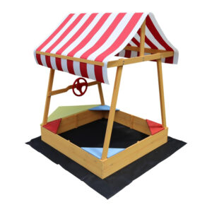 Wooden Boat Sandbox with Striped Canopy, Play Wheel, and Drainage Liner