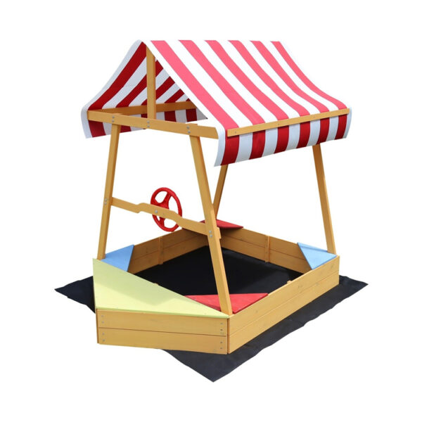 Wooden Boat Sandbox with Striped Canopy, Play Wheel, and Drainage Liner