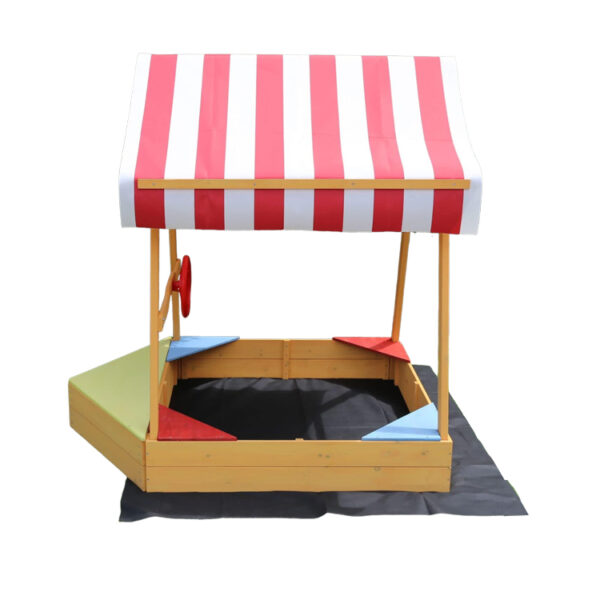 Wooden Boat Sandbox with Striped Canopy, Play Wheel, and Drainage Liner
