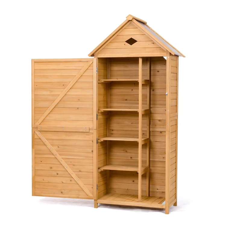 Wooden Garden Tool Storage Shed with Galvanized Roof and Shelves - Image 4