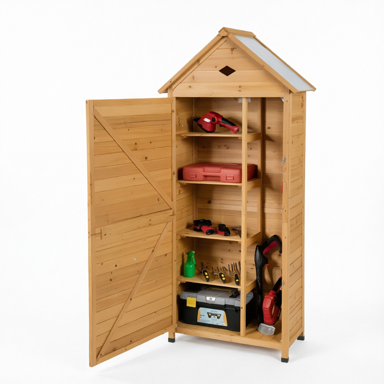 Wooden Garden Tool Storage Shed with Galvanized Roof and Shelves - Image 3