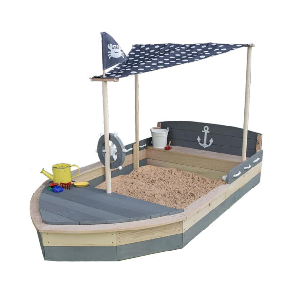 Wooden Pirate Ship Sandbox with Canopy and Storage