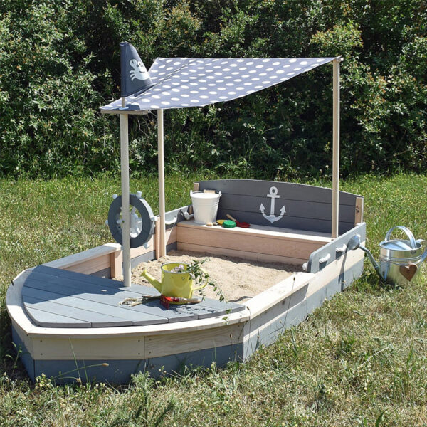 Wooden Pirate Ship Sandbox with Canopy and Storage
