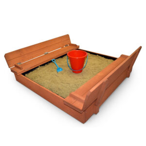 Wooden Sandbox with Bench Seats and Protective Liner