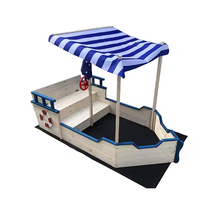 ​​Wooden Boat-Shaped Sandbox for Kids with Cover​​