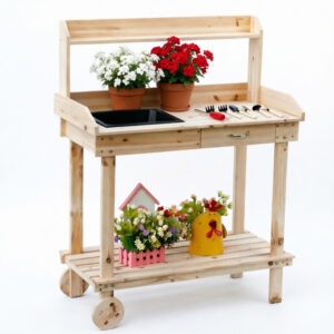 Mobile Wooden Potting Bench with Sink and Storage Drawer