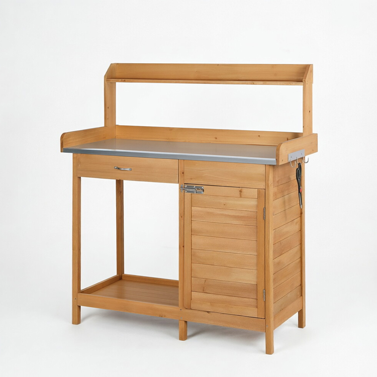 Outdoor Fir Wood Potting Bench with Galvanized Tabletop and Storage Cabinet - Image 2