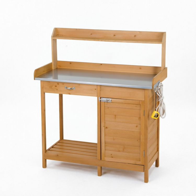 Outdoor Fir Wood Potting Bench with Galvanized Tabletop and Storage Cabinet