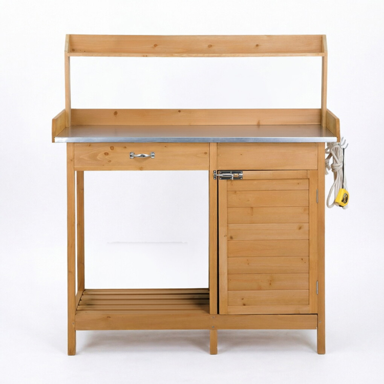 Outdoor Fir Wood Potting Bench with Galvanized Tabletop and Storage Cabinet
