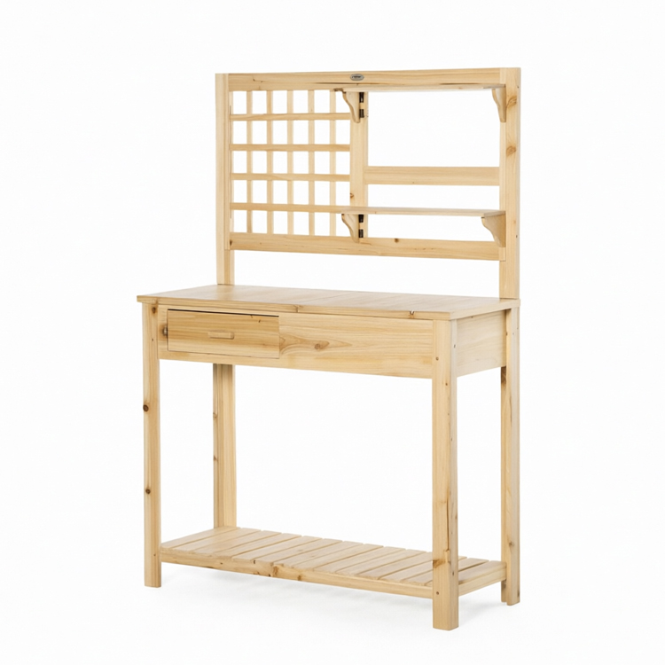 Solid Wood Garden Potting Bench Workstation with Storage Drawer and Lattice Trellis
