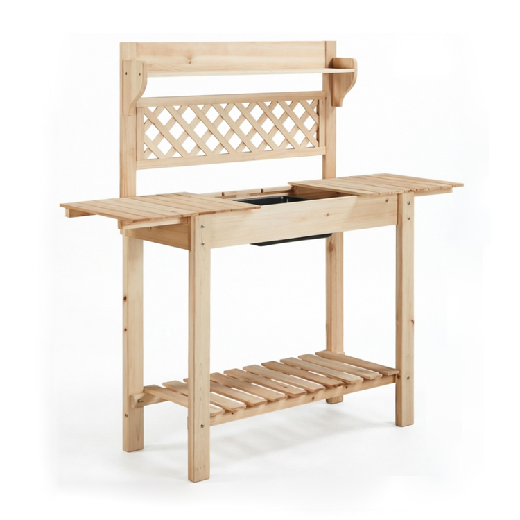 Wooden Outdoor Potting Bench with Sliding Tabletop and Removable Sink