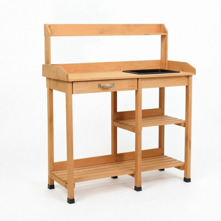 Wooden Potting Bench with Sink and Drawer