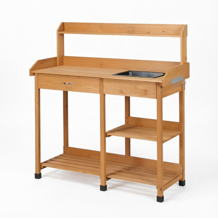 Wooden Potting Bench with Sink and Drawer