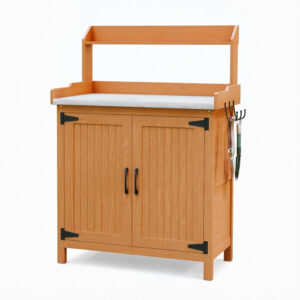 Wooden Potting Bench with Storage Cabinet and Metal Top