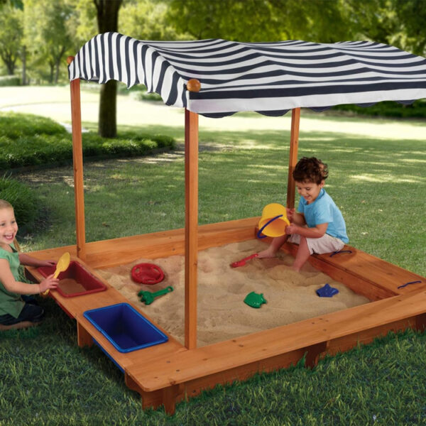 Wooden Sandbox with Cover and Storage Bins