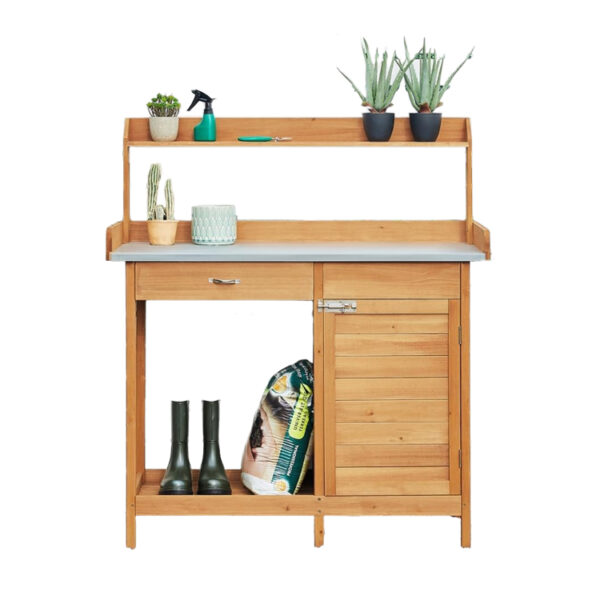 ​​Natural Wood Garden Work Table with Metal Shelf, Drawer and Storage Cabinet​​