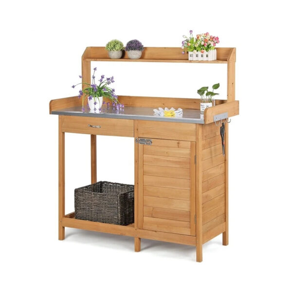 ​​Natural Wood Garden Work Table with Metal Shelf, Drawer and Storage Cabinet​​