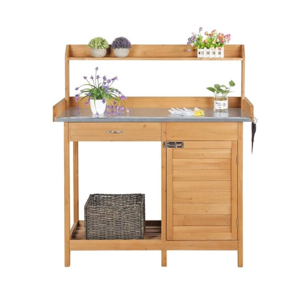 ​​Natural Wood Garden Work Table with Metal Shelf, Drawer and Storage Cabinet​​