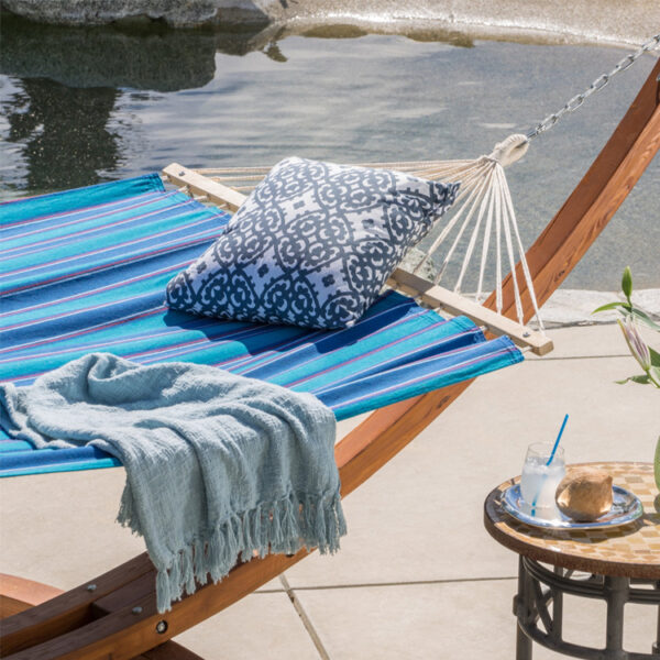 ​​Striped Fabric Hammock with Curved Wooden Base​​