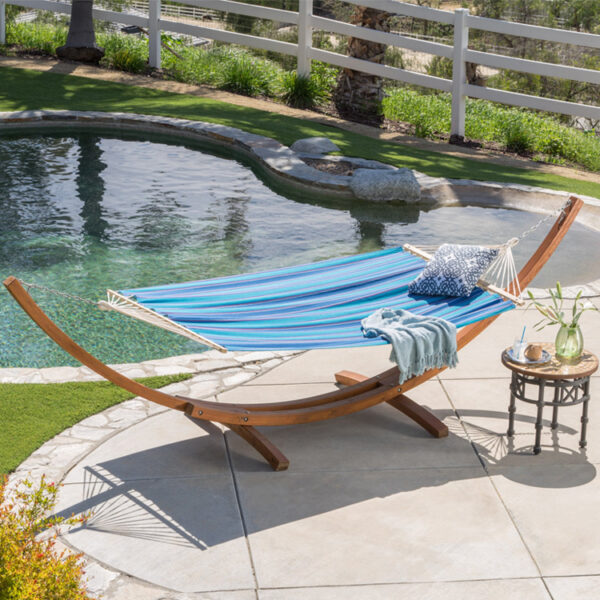 ​​Striped Fabric Hammock with Curved Wooden Base​​