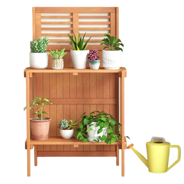 ​​Waterproof Folding Wood Potting Bench with 2-Tier Storage Shelf​​