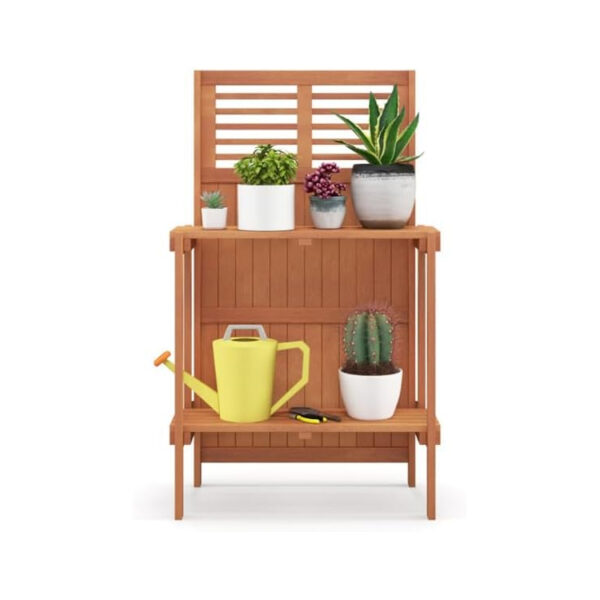 ​​Waterproof Folding Wood Potting Bench with 2-Tier Storage Shelf​​