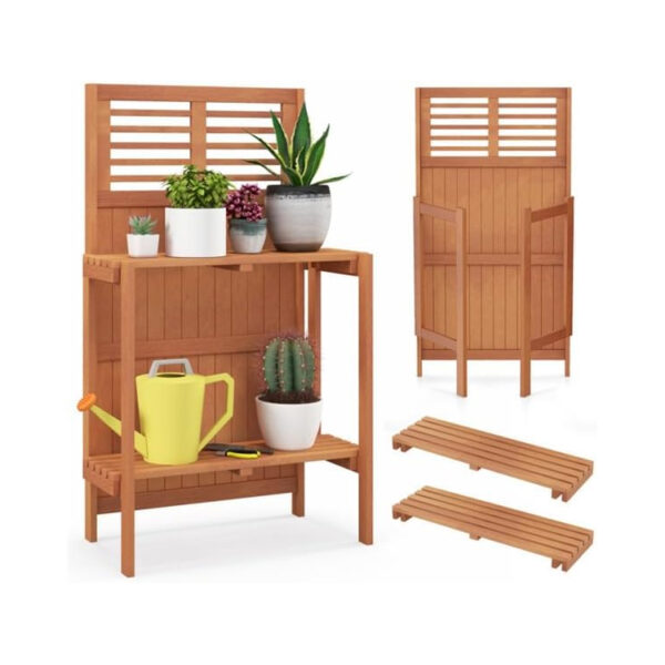 ​​Waterproof Folding Wood Potting Bench with 2-Tier Storage Shelf​​