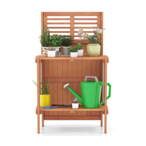 ​​Waterproof Folding Wood Potting Bench with 2-Tier Storage Shelf​​