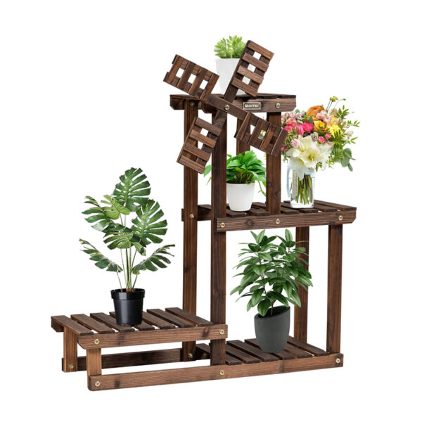 ​​Windmill Design Multi-Tier Wooden Plant Stand with Slatted Shelves​​